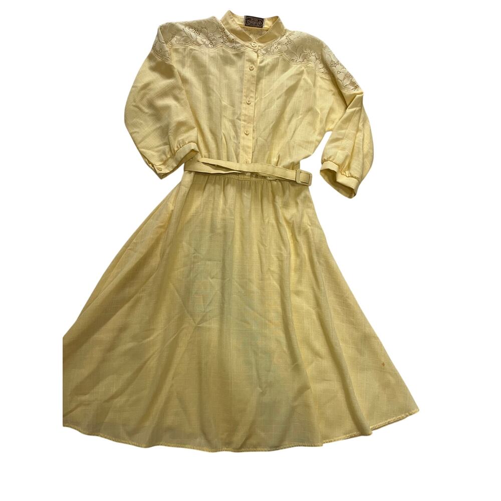 Vtg 1980s Leslie Fay Petites Butter Yellow Shirtwaist Midi Dress Lace Yoke